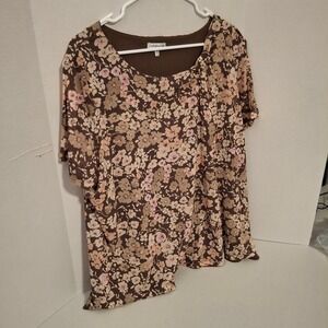 3/$15 Croft & Barrow Womens 3X Floral Brown‎ Scoop Neck Sheer Overlay Blouse